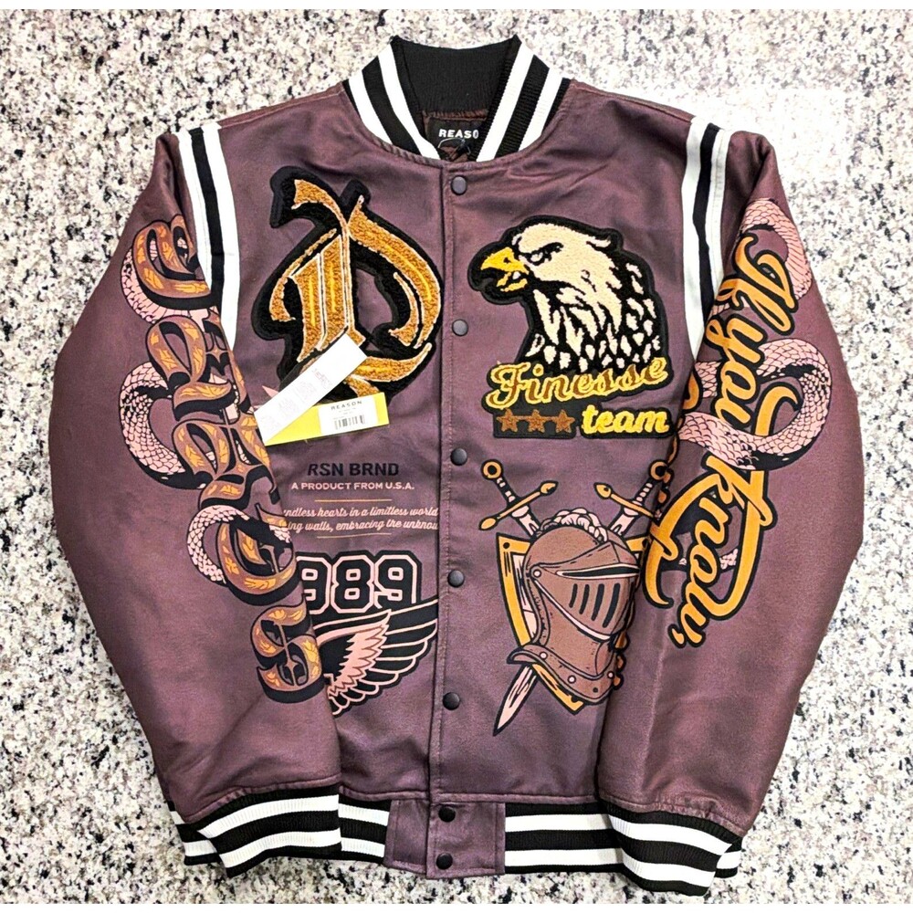 Reason Clothing Champions Varsity Jacket Men's L Brown Wool Patch Bomber NWT
